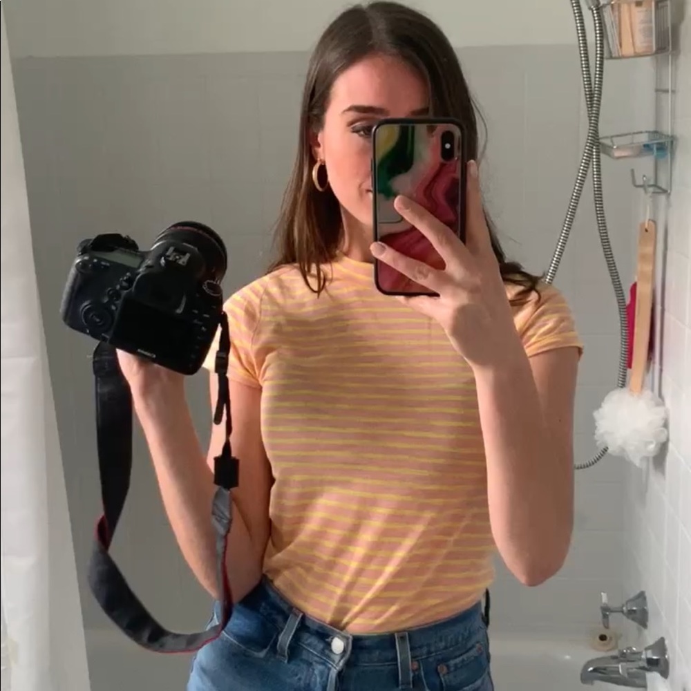 Free People Yellow-Orange Striped Tee